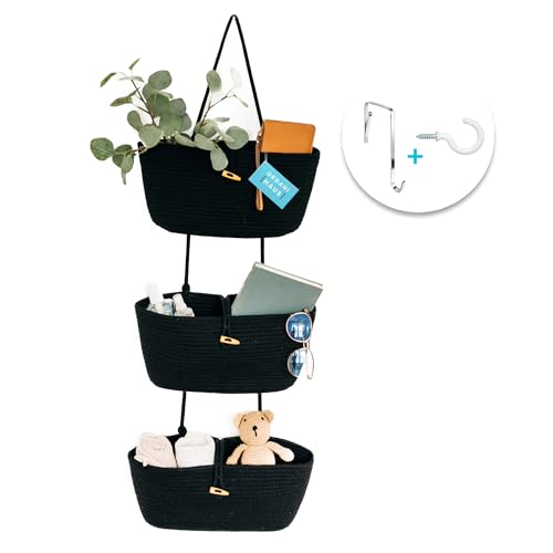 OrganiHaus Black Hanging Wall Baskets for Storage | Hanging Baskets for Bathroom Organizing | Behind Door Storage | Over the Door Basket | Nursery Storage Basket | Wall Hanging Basket for Organizing - color: Full Black