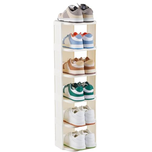 Vertical Shoe Rack, 6 Tiers Stackable Shoe Rack for Closet, Tall Standing Shoe Organizer, Small Shoe Shelf for Narrow Places Durable Plastic Construction (White) - color: White, size: 6 Tiers