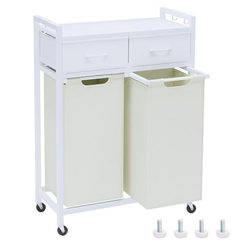 Timberer Laundry Hamper, Laundry Sorter 2 Section, Rolling Laundry Basket with Wheels, 2 Drawers, 2 × 14.5 Gal (55 L), Pull-Out and Removable Oxford Fabric Bags, White and Beige - color: White + Beige, size: 2 Bags (27.6"L x 12.9"W x 39.6"H)