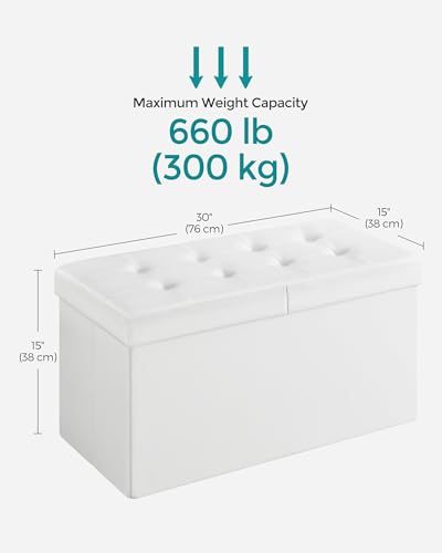 SONGMICS MAZIE Collection - 30 Inches Storage Ottoman Bench with Flipping Lid, Storage Chest Footstool, Load 660 lb, for Entryway, Living Room, Bedroom, Synthetic Leather, White ULSF45WT - color: White, size: 15"D x 30"W x 15"H