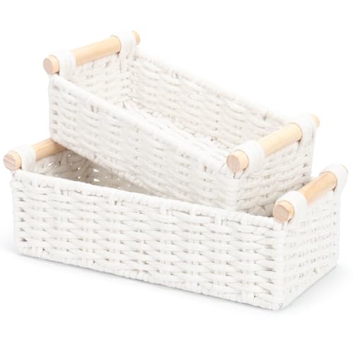 Boho Cotton Rope Storage Baskets Set of 2, Woven Wicker Organizer Bins with Wooden Handles, Small Decorative Boxes for Organizing, Toilet Paper Baskets for Bathroom Countertop, Shelves (White 2 Pack) - color: White 2 Pack