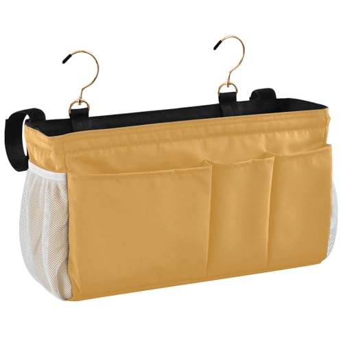 Mustard Yellow Bedside Caddy Storage Bag Bedside Organizer for Bunk Bed Headboards College Hanging Bag Bedside Shelf 6 Pockets with Hooks for Magazine Water Bottle Holder - color: Mustard Yellow