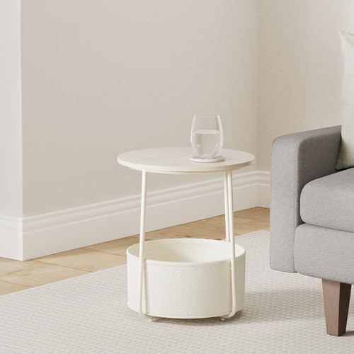 VASAGLE LILEA Collection - Small Round Side End Table, Modern Nightstand with Fabric Basket, Cream White ULET223K67 - color: Cream White, size: Round + 1 pack