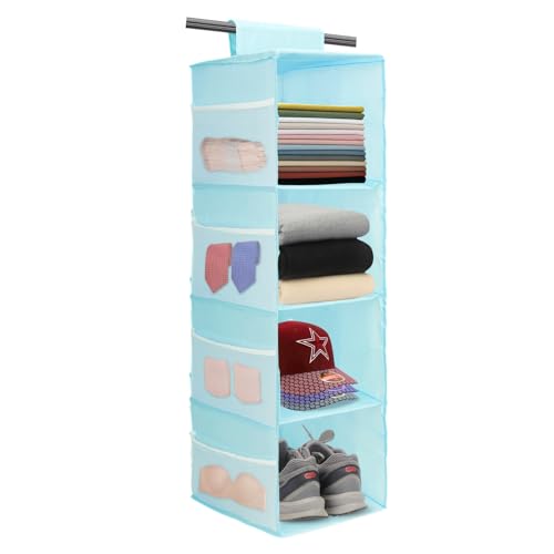 PetsHome 4-Shelf Hanging Closet Organizer, Space Saver, Closet Hanging Storage Shelves with Mesh Pockets & Magic Tap for Storage, Foldable-Blue - color: Blue, size: 4 Shelf
