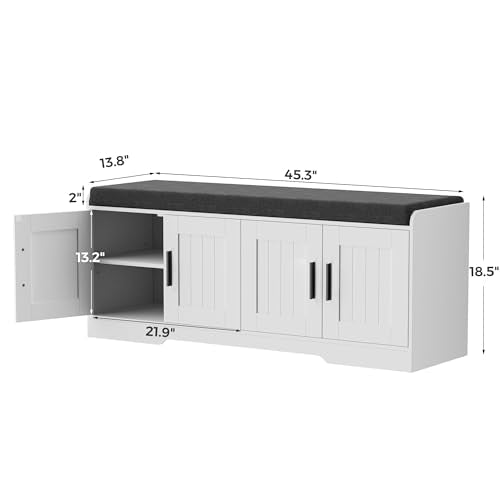 Homleke 2-Tier Storage Bench, Shoe Bench with Thickened Padded Seat Cushion, Entryway Bench with 4 Doors, Adjustable Shelf, 13.8" D x 45.3" W x 18.5" H, for Entryway, Living Room, Bedroom, White - color: White, size: 45.3"
