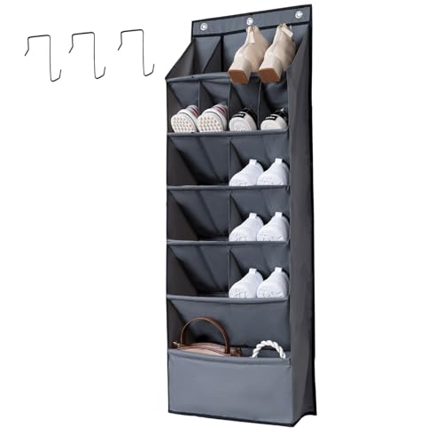 Over the Door Shoe Organizer, Grey 16 Pockets Hanging Shoe Storage Rack with Large Deep Pockets, Oxford 600D Fabric Shoe Storage Rack with 6 hook for Shoes, Home Accessories etc (Grey, 1-Grid) - color: Grey, size: 1-Grid