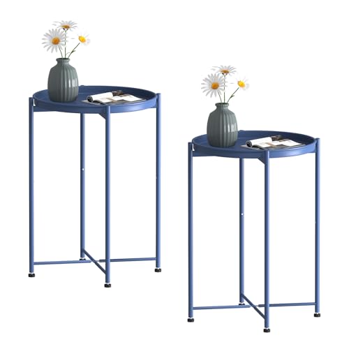 Garden 4 you Small Side Table, Blue Mini Round End Table, Black Tray Table with Metal Frame, Modern Nightstand for Living Room, Bedroom, Patio, Small Space, 2pcs - color: Blue, size: 2 PCS