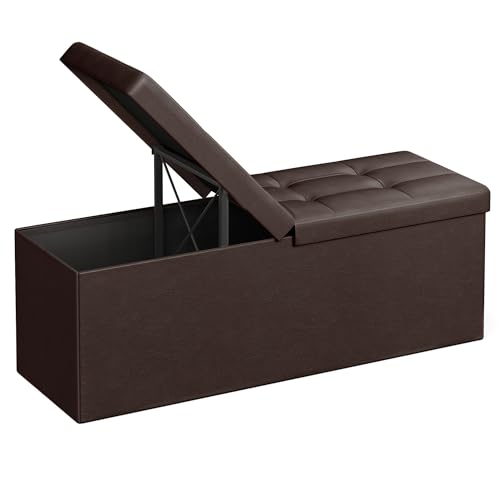 SONGMICS MAZIE Collection - 43 Inches Storage Ottoman Bench with Flipping Lid, Storage Chest with Iron Frame Support, Load 660 lb, for Living Room, Bedroom, Synthetic Leather, Brown ULSF75BR - color: Brown, size: 15"D x 43"W x 15"H