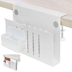 Desk Side Storage, Desk Laptop Holder with Magnetic Pen Holder, No Drill Desk Side Organizer for Office and Home Fits Flat Edge 0.3" to 2.3" - color: White