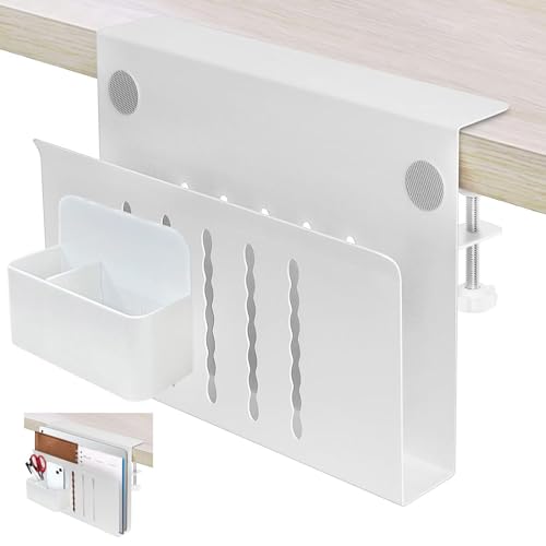 Desk Side Storage, Desk Laptop Holder with Magnetic Pen Holder, No Drill Desk Side Organizer for Office and Home Fits Flat Edge 0.3" to 2.3" - color: White