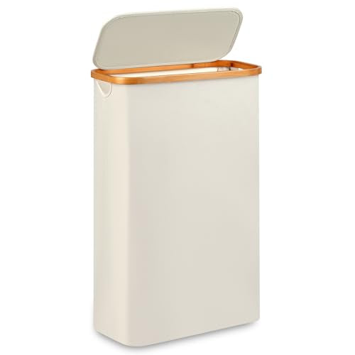 Slim Laundry Hamper,Narrow laundry Hamper with Lid,60L Hamper for Laundry,Dirty Cloth Hamper with Bamboo Handle for Toys,Towels, Clothes Organizing,Beige - color: Beige, size: 60L Slim