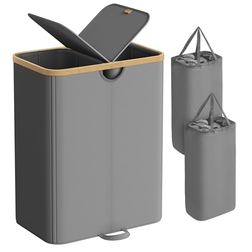 SONGMICS Laundry Hamper with Lids, Laundry Basket with 2 Compartments, 39 Gal. (150 L), Removable Liner Bag, for Laundry Room, Bedroom, Living Room, Slate Gray and Light Bamboo ULCB523G01 - color: Slate Gray, size: 150L (2-Section with Double Lid)