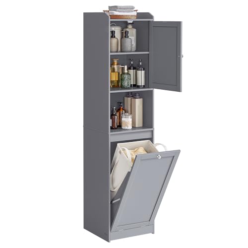 VASAGLE Tall Storage Cabinet, Storage Unit with Removable Laundry Basket, Compartment and Cabinet, for Bathroom, Living Room, 15.8 x 15.8 x 66.9 Inches, Dove Gray UBBC761G02 - color: Dove Gray, size: 15.8"L x 15.8"W x 66.9"H, style: 2 Doors + 1 Laundry Ba