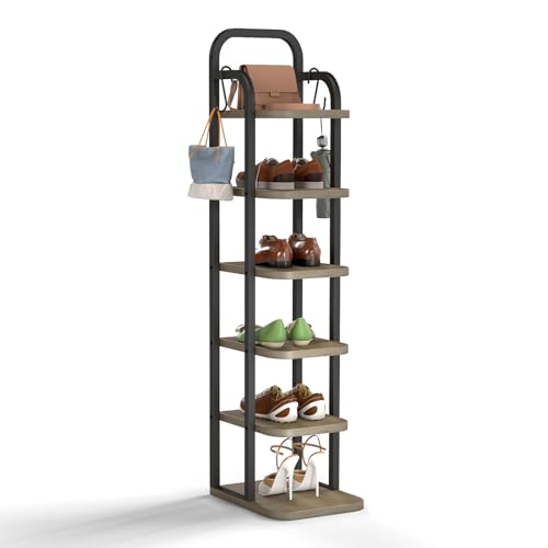 ITEFDTUTNE 6 Tiers Vertical Shoe Rack, Narrow Shoe Tower Adjustable Shelves Wooden Tall Shoe Rack with 2 Hooks, Corner Shoe Storage Organizer for Small Spaces, Entryway, Living Room - color: Light Brown-6 Tiers