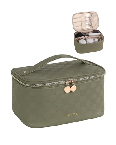 Prite Makeup Bag, Large Capacity Portable Travel Cosmetic Bag, Waterproof Makeup Organizer for Women with Handle and Divider (001 Checkered Green) - color: 001 Checkered Green