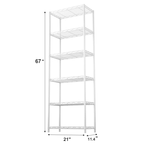HOMEFORT 6-Tier Wire Shelving, 6 Shelves Unit Metal Storage Rack, Durable Organizer, Perfect for Pantry Closet Kitchen Laundry Organization (White) - color: White, size: 21"W x 11"D x 67"H