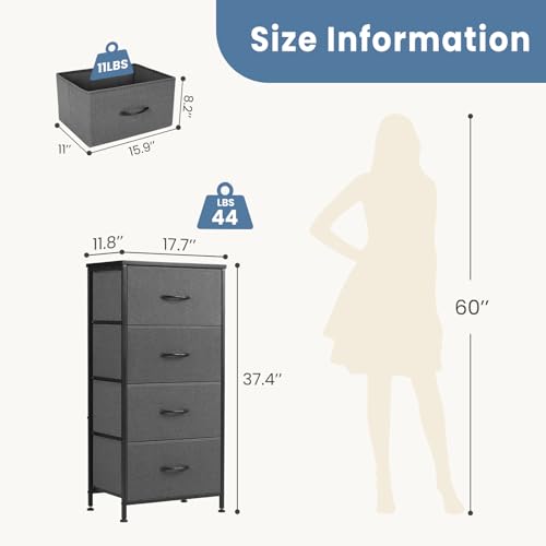 DUMOS Nightstand with 4 Drawers Bedside Table with Removable Fabric Bins Sturdy Steel Frame Wood Top Organizer Furniture for Bedroom Closet Living Room - color: Grey, size: 11.8"D x 17.7"W x 37.4"H (4 Drawers)