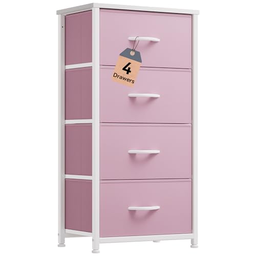 DWVO Storage Drawer with 4 Drawers - Fabric Dressers, Dresser for Bedroom, Living Room, Closets - Sturdy Steel Frame, Wooden Top & Easy Pull Fabric Bins - color: Pink, style: 4-Drawer