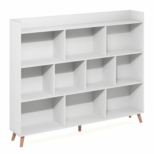 Furinno Claude Book Shelf, 10-Cube Mid Century Style Bookshelf, Bookcase, Storage Organizer with Wood Legs, 9.4" x 55.1" x 45.1", for Living Room, Bedroom, Home Office, White - color: White, size: Mid Century, 10-Cube