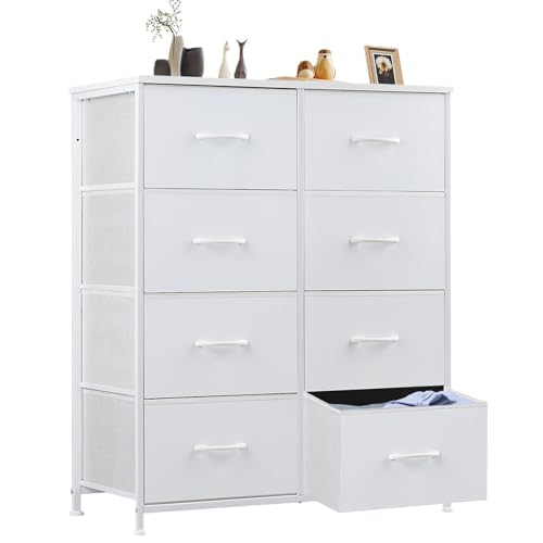 Sweetcrispy Dresser for Bedroom, Chest Organizer Unit with 8 Fabric Bins, Fabric Storage Tower, Drawer Organizer with Steel Frame, Wooden Top for Living Room, Closet - color: White, size: 31.5"D x 11.8"W x 36.4"H (8 Drawers)