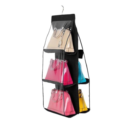 HAN SHENG 6 Pockets Clear Handbag & Purse Organizer Hanging Bag Storage - Space Saving Hanging Shelf for Closet, Wardrobe, Over Door (1 Pack, Black) - color: Black, size: 6 Pockets-1pc