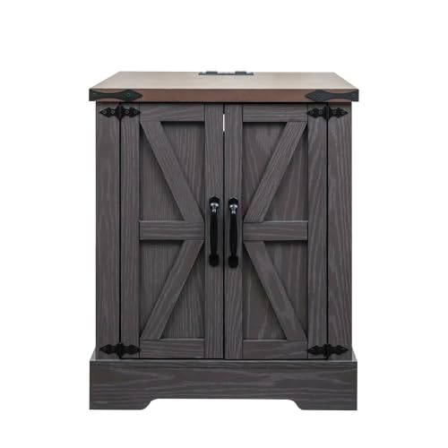 Farmhouse End Table with Charging Station, Rustic Wood Nightstand with Adjustable Shelf, 19.6"W Versatile Walnut Sofa Side Table with Barn Doors and Retro Hinges for Bedroom, Living Room (Grey-kk025) - color: Grey-kk025