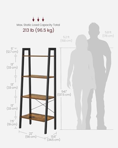 VASAGLE BARNET Collection - Ladder Shelf, Bookshelf, Storage Rack, Modern Bookcase for Living Room Home Office Kitchen, Steel Frame, 4-Tier, 22-Inch Wide, Rustic Brown and Ink Black ULLS44X - color: Rustic Brown + Ink Black, size: 4 Tiers (22"W), style: I
