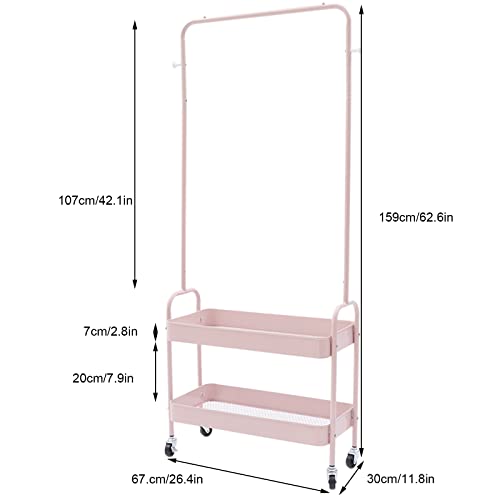 2-Tiers Clothes Rack Freestanding Clothing Garment Rack with Metal Basket Rolling Storage Clothes Shelves Portable Organizer Coat Rack for Entryway Home Bedroom Laundry Small Place (Pink) - color: Pink