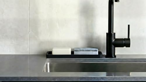 Happitasa Silicone Kitchen Sink Organizer Tray, Sponge Holder and Countertop Protector | Bathroom and Kitchen Soap Dish and Dispenser Tray (Black, 12"x4") - color: Black, size: 12" x 4" x 0.6"