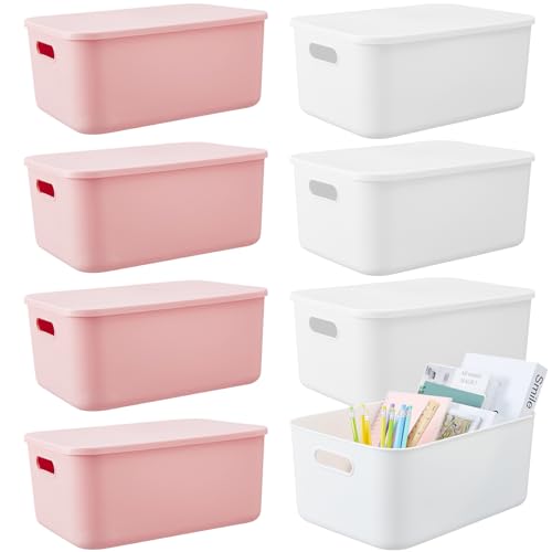 Hoolerry 8 Pieces Colorful Storage Bins with Lid, Plastic Storage Basket Organizing Container Stackable Box with Handle for Shelves Desktop Playroom Office(13.8 x 9.8 x 5.9 Inch,White and Pink) - color: White and Pink, size: 13.8 x 9.8 x 5.9 Inch