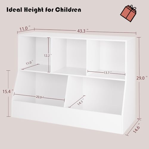 DINZI LVJ Toy Storage Organizer, Kids Bookshelf, Wood Toy Storage Cabinet, 5 Cubby Children Bookcase, 43.3" L Toddler Book Shelf for Playroom, Living Room, Nursery, Hallway, School, White - color: White, size: 2-Tier 43.3"