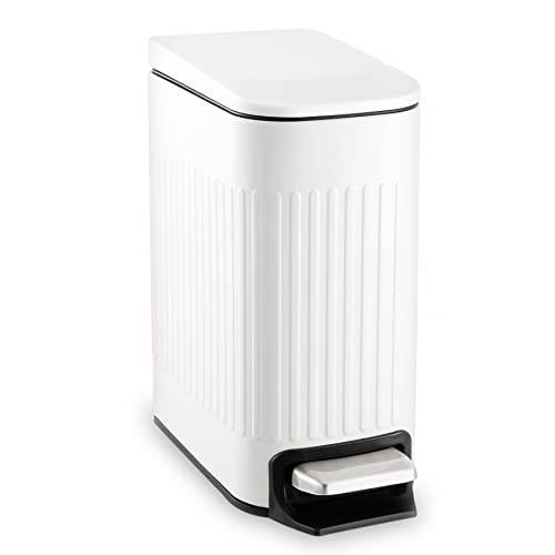 TrashAid Slim Bathroom Trash Can with Lid Soft Close, 6 Liter/1.6 Gallon Stainless Steel Small Garbage Can with Removable Inner Bucket, Step Pedal, Slim Wastebasket for Toilet, Office, Bedroom, White - color: White