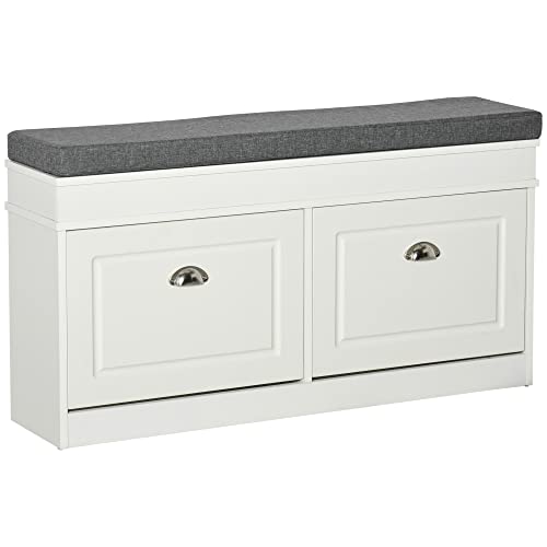 HOMCOM Modern Shoe Rack Bench for Entryway, Storage Organizer with Cushion, 2 Drawers, Adjustable Shelf, Holds 8 Pairs, White - color: White