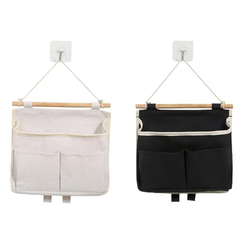 Hanging Storage Organiser 2Pcs Waterproof Wall Hanging Bag Linen Cotton Organizer Wall Basket, Closet Hanging Pouch with Hooks for Bedroom Bathroom Kitchen - color: White+black