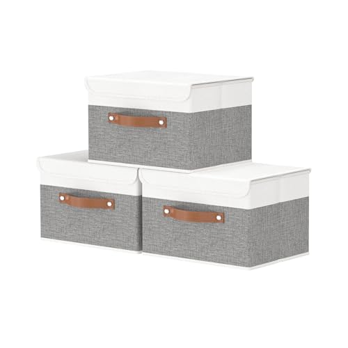 OUTBROS Storage Boxes, Collapsible Storage Bins with Lids, Cotton and linen cloth Storage Baskets with Handle, for Books, Closet, White/Grey, 3 Pack 10.2 x 7.9 x 6.7in - color: White/Grey, size: 10.2x7.9x6.7in(3-pack)