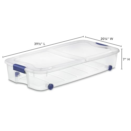 66 Quart Wheeled Latch Box, Clear Underbed Storage Bin with Lid, Blue
