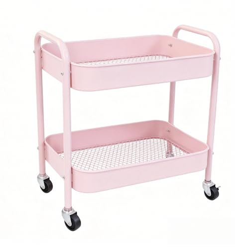 Pink 2 Tier Rolling Cart Metal with Wheels Under Desk Storage Cart for Small Space Organization, Small Trolley for Pantry Room Laundry Bathroom Kitchen Office Art Snack Baby Supplies - color: Pink