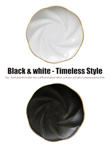 Ceramic Jewelry Tray with Gold Edge, 5 Inch Modern Trinket Dish for Rings, Bracelets & Earrings, Elegant Dresser Organizer (White) - color: White_round