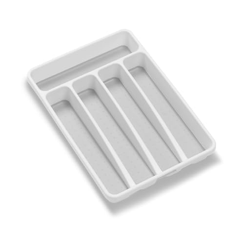 madesmart Small Silverware Tray, Compact 5 Compartment Flatware Organizer for Forks, Knives & Spoons, Non Slip, Soft Grip Lining, Fits Small Drawers, White