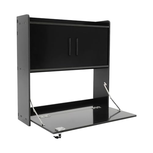 Wall Mounted Folding Desk with LED Light, Space-Saving Laptop Table for Home Office, Writing Workstation with Storage Shelves and Drawer, Floating Cabinet, 58x20x60cm (Black) - color: Black