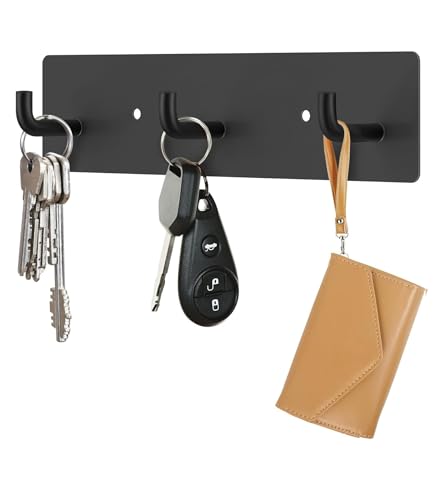 RELBRO Key Holder Wall Mount, Small Metal Self Adhesive Key Rack with 3 Hooks, 2 Installation Options, Black - color: Black
