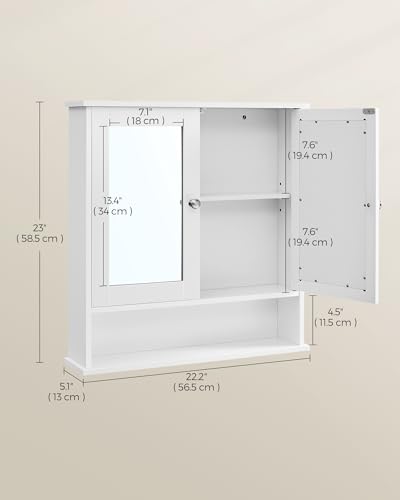 VASAGLE Bathroom Cabinet with Mirror, Wall Cabinet with 2 Mirrored Doors, Adjustable Shelf, Open Compartment, Wall-Mounted, 5.1 x 22.2 x 23 Inches, White ULHC002 - color: White, size: 5.1"D x 22.2"W x 23"H