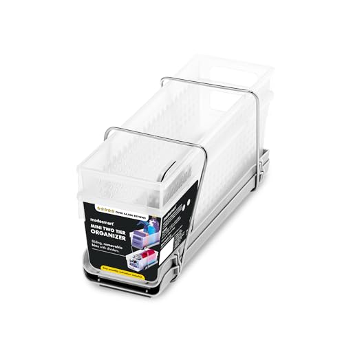 madesmart Mini 2-Tier Organizer, Multi-Purpose Slide-Out Storage with Handles and Dividers for Home and Bath, Frost