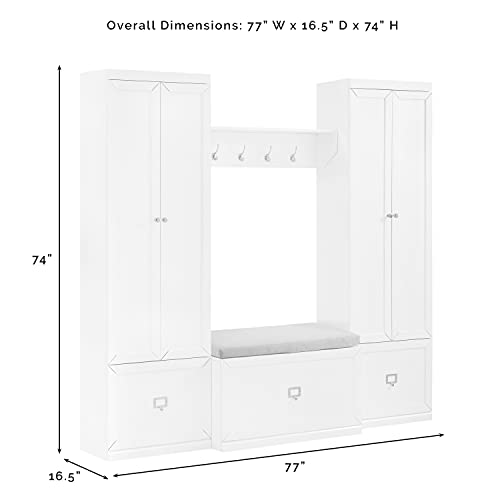 Crosley Furniture Harper 4-Piece Storage Cabinet, Shoe Rack Bench, and Wall Shelf Set with Coat Hooks, White