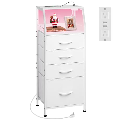 WLIVE Night Stand with Charger Station, White Nightstand with LED Light and 4 Storage Drawers, Tall Dresser for Bedroom, 37.48" H Bedside Table with Fabric Bins, Wood Shelf - color: White, size: 4 Drawers
