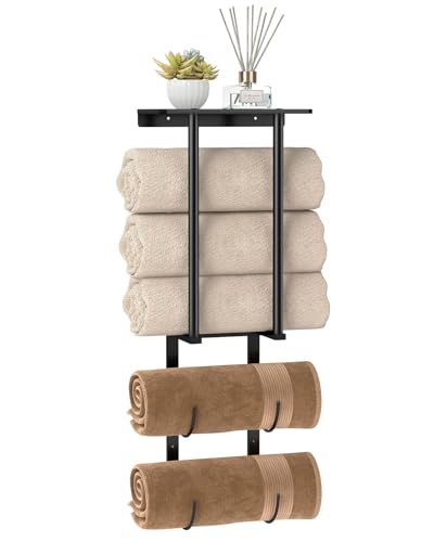 Towel Racks for Bathroom, Bathroom Towel Rack Wall Mounted with 2 Tiers Rolled Towel Holder, Towel Storage can Holds 3 Large Rolled Towels, Black - color: Black, size: 28 IN