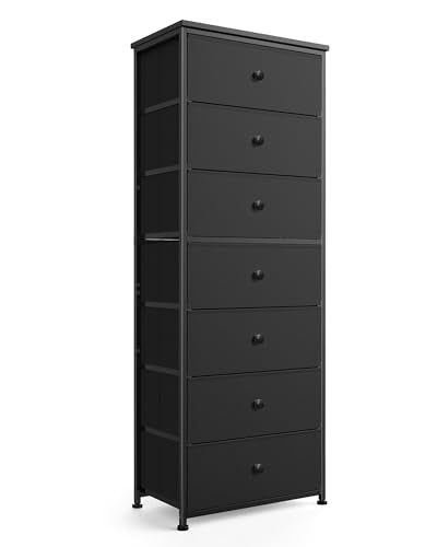 Mifuro Tall Fabric Dresser for Bedroom, Vertical Storage Organizer Tower with 7 Drawers, Chest of Drawers with Bins, Steel Frame, Wood Top for Bedroom, Closet, Entryway Black - color: Black, size: 7 Large Drawers