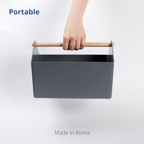 BLUE GINKGO Medium Storage Basket – Plastic Caddy with Wooden Handle for Office, Arts & Crafts, or Home Supplies (Gray) - color: GREY, size: Medium