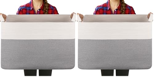 Extra Large Laundry Basket, 95L Blanket Basket for Living Room, Cotton Rope Toy Storage for Kids, Woven Baskets for Clothes, Towels, Pillows, 24" x 17" x 14", Grey and White (Pack of 2) - color: Grey & White, size: 24"x16.9"x14.2" (Pack of 2)