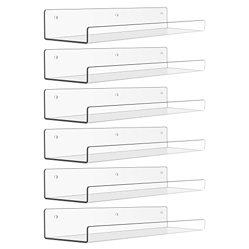 upsimples 6 Pack Acrylic Shelves for Wall Storage, 15" x 4“ Floating Bookshelves for Kids, Display Shelf Organizer for Bathroom, Bedroom, Living Room, Kitchen, Room Decor, Clear - size: 15x4"
